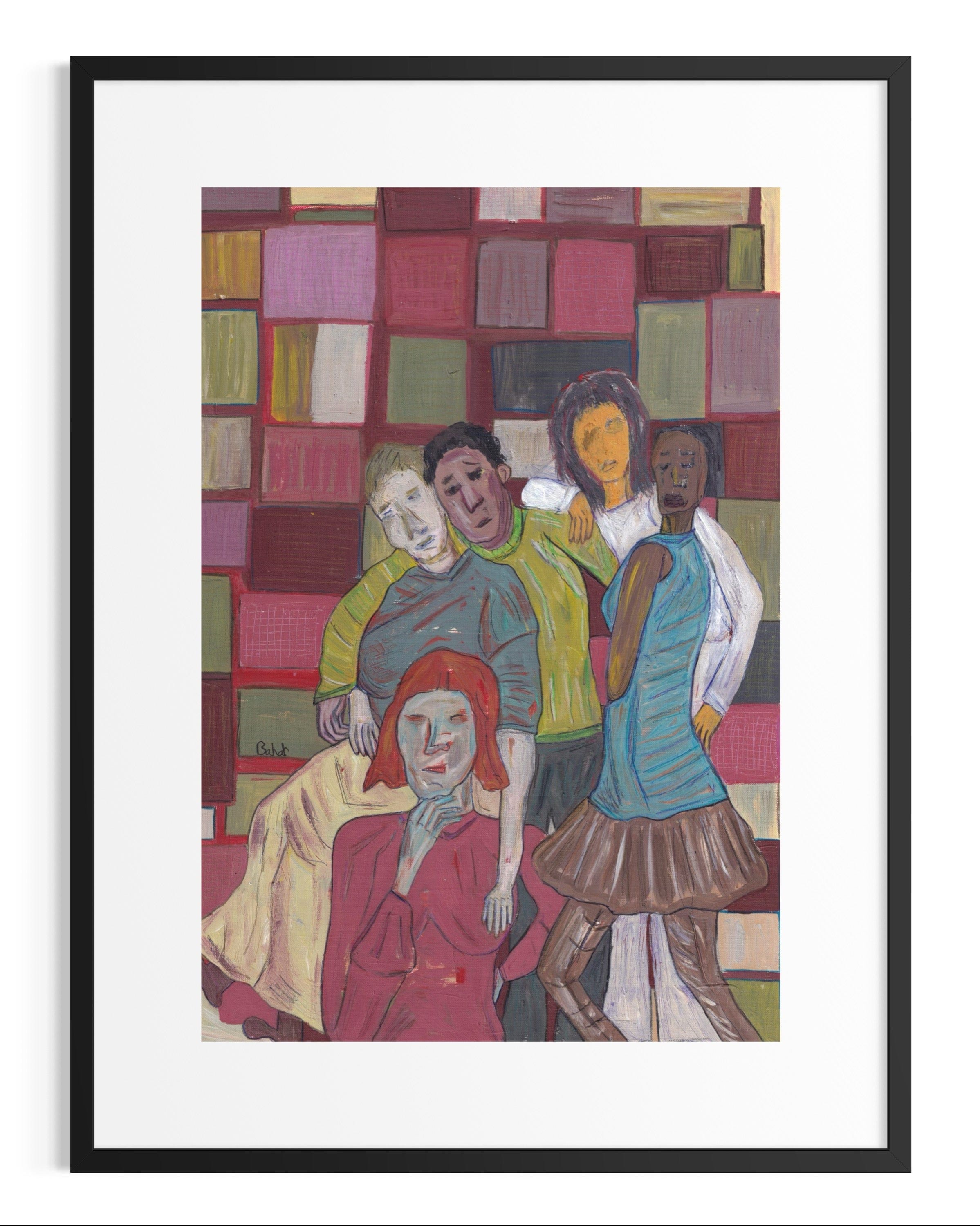 Framed artwork of four people in front of a colorful geometric pattern.